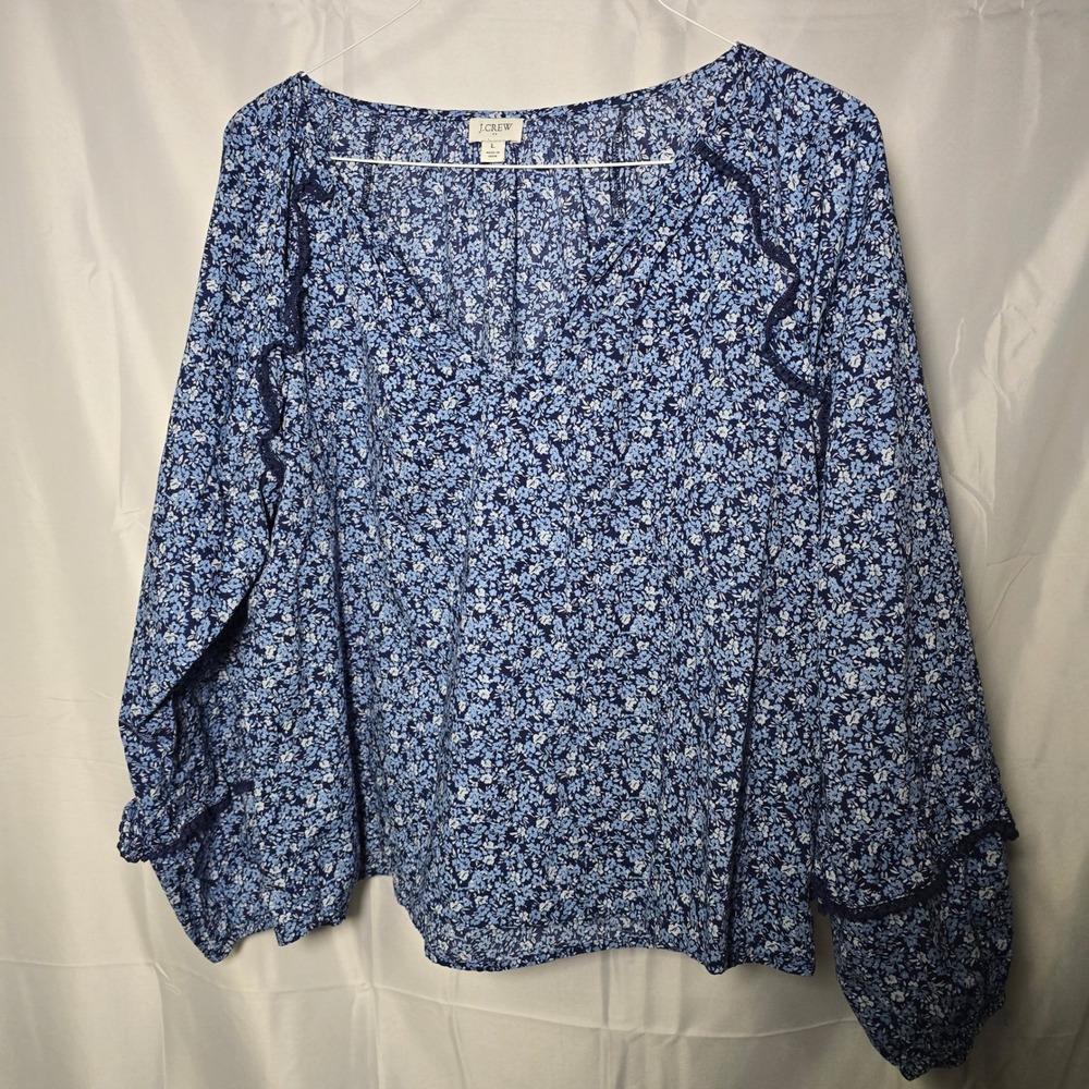 J.Crew Womens Blue Ditsy Floral V-Neck Blouse Ruffle Sleeve Crochet Trim Size L